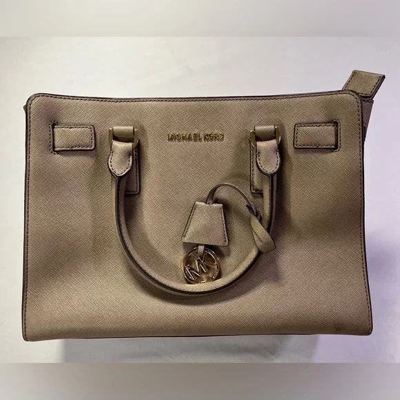 Michael Kors Dillon Medium Saffiano Leather Satchel Taupe Tan Bag Purse - EUC - Picture 10 of 11